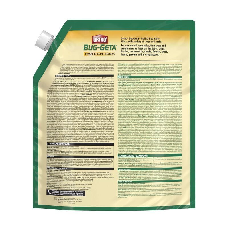 Ortho Bug-Geta snail and slug killer product package, green and white with an illustration of a snail and garden.