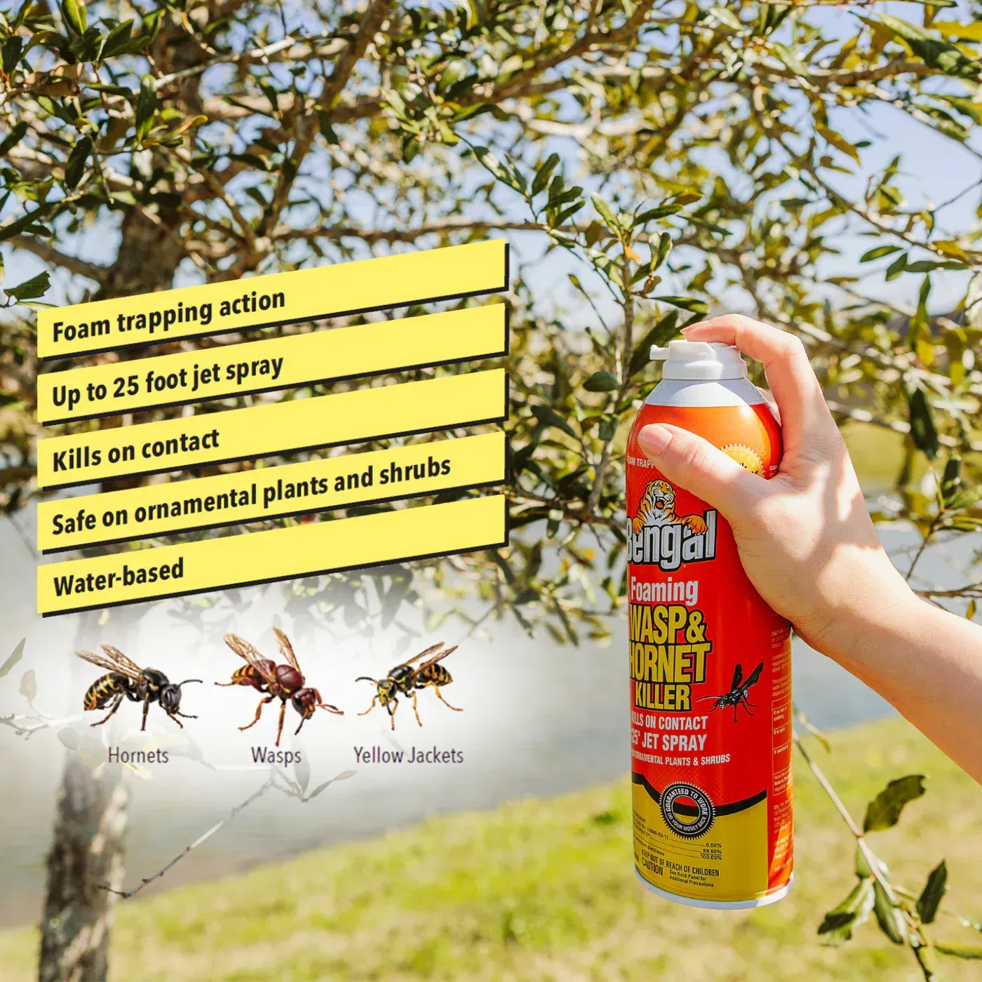 Orange can of Bengal foaming wasp and hornet killer with yellow top and green label.
