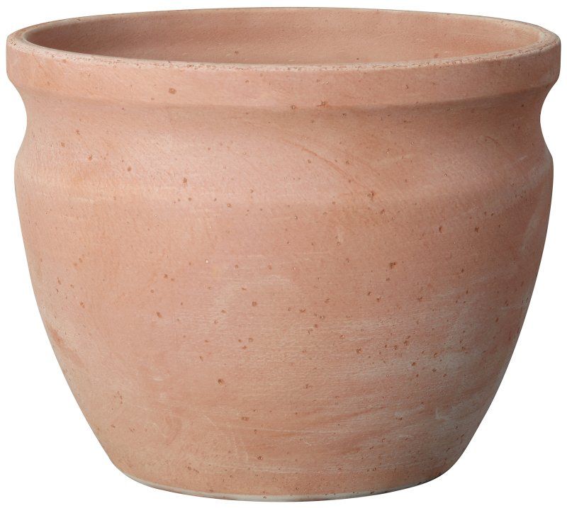 A brown clay pot with a white rim on a white background