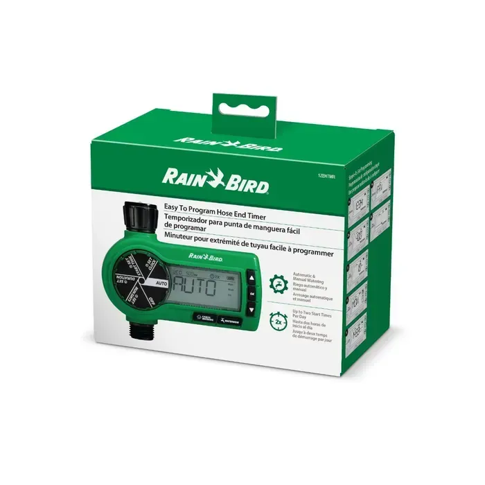 Green Rain Bird automatic water timer with a digital display and control dial.