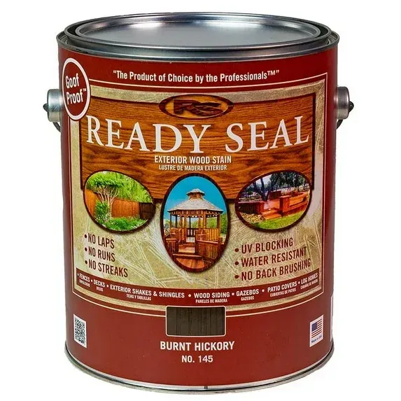 A can of ready seal is sitting on a white surface.