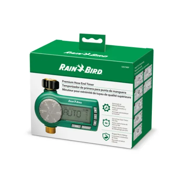 Green Rain Bird automatic sprinkler timer with a digital display and rotary dial.