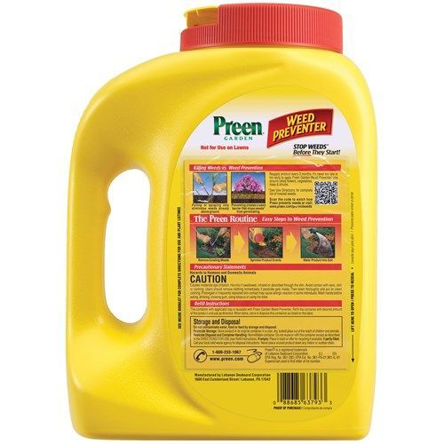 Yellow Preen Garden Weed Preventer bottle with red and green labels.