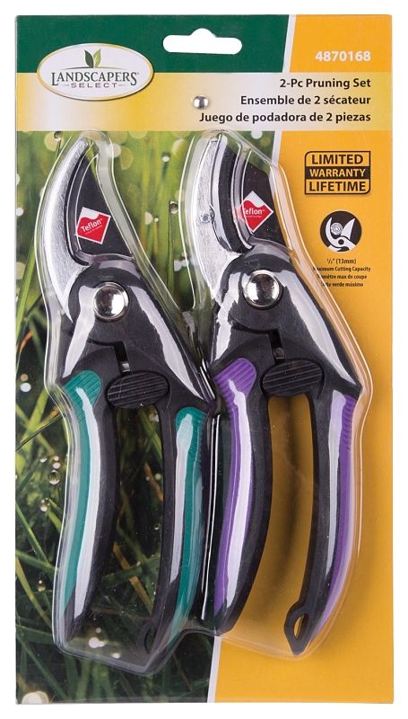 Two pruning shears, one with teal and one with purple handles, ready for gardening.