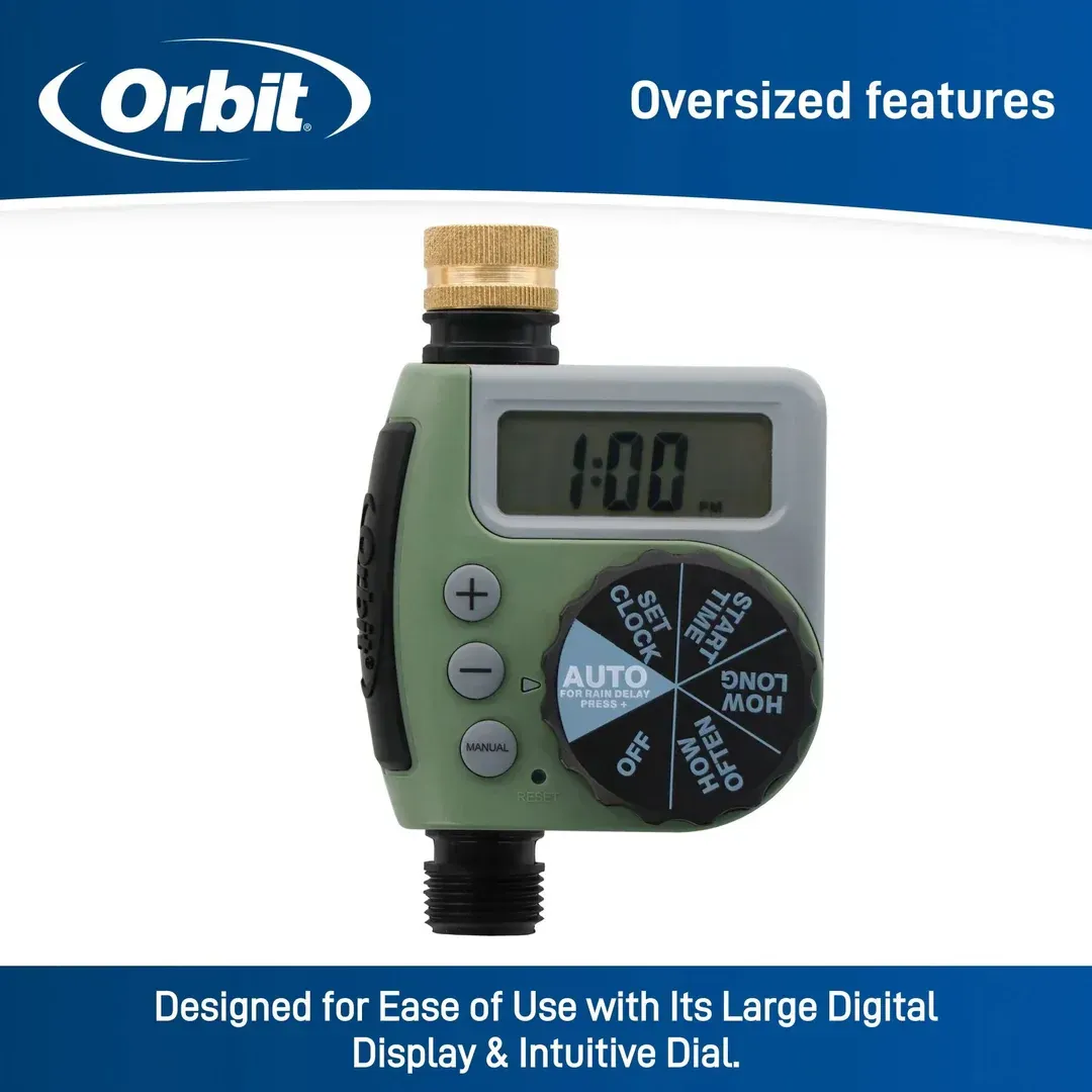 Green and gray automatic garden hose timer with digital display and dial.