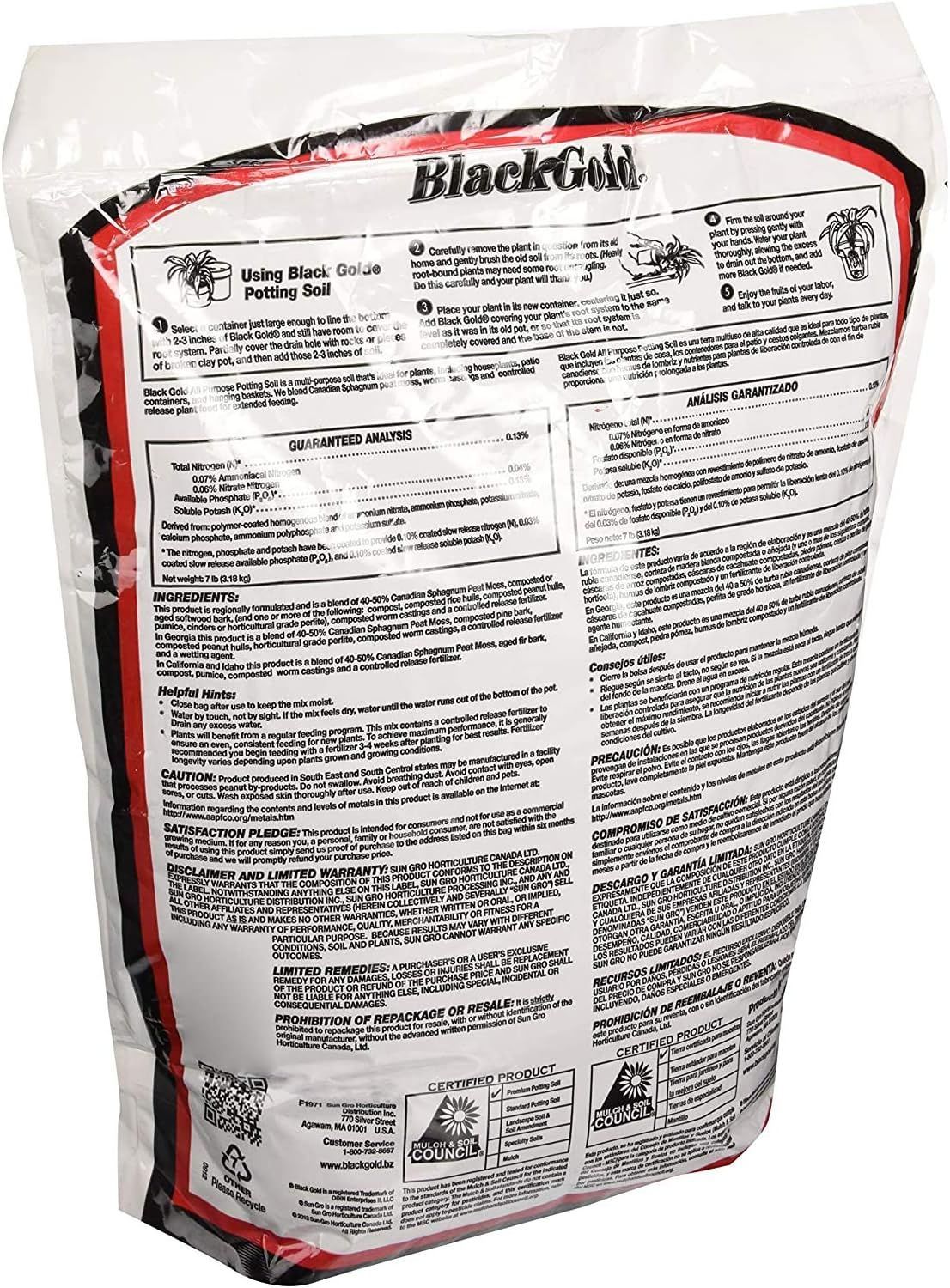 Black Gold All Purpose potting mix bag. Black bag with red label, flowers on front.