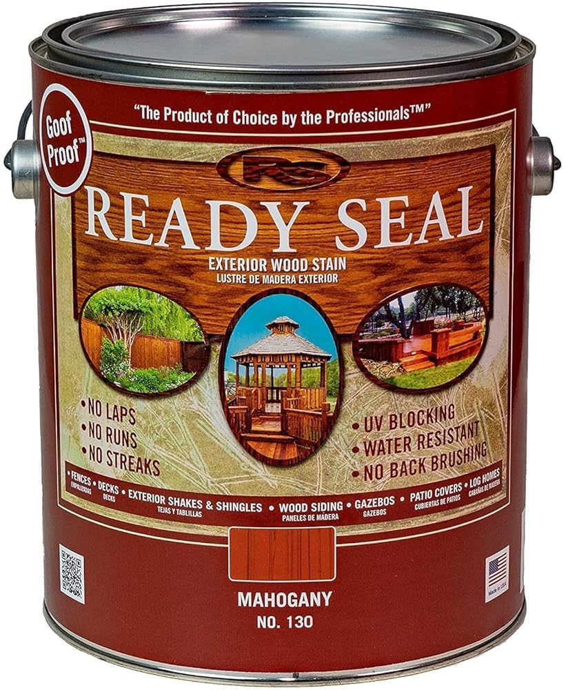 A can of ready seal exterior wood seal in mahogany.