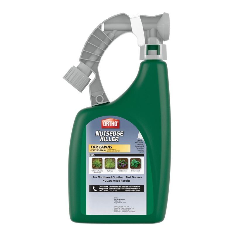 Green Ortho NutSedge Killer spray bottle with a gray handle.