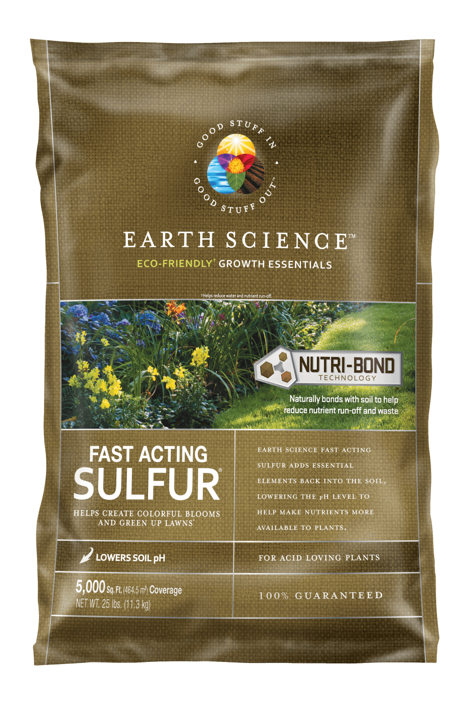 Bag of Earth Science fast-acting sulfur for gardens. Contains Nutri-Bond, lowers pH, and is eco-friendly.