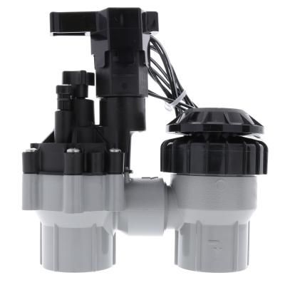 Gray and black irrigation valve with a manual on/off control.