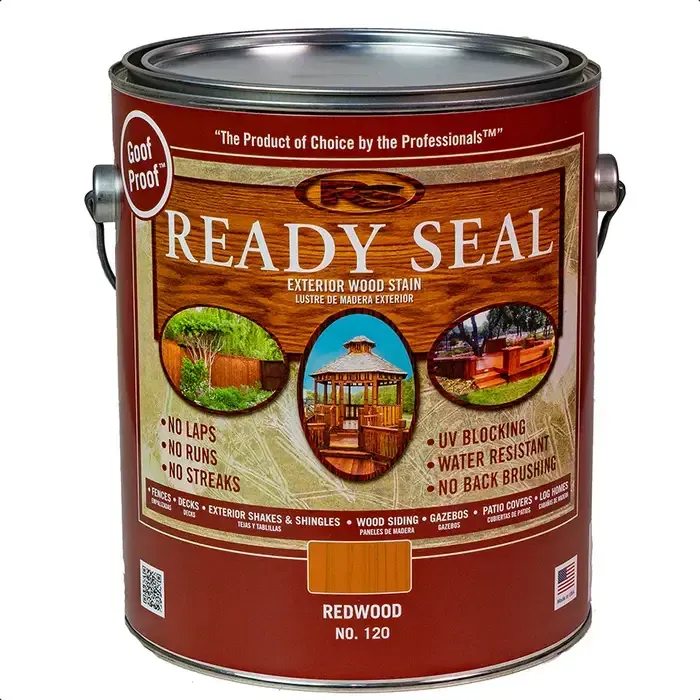 A can of ready seal wood stain in redwood.