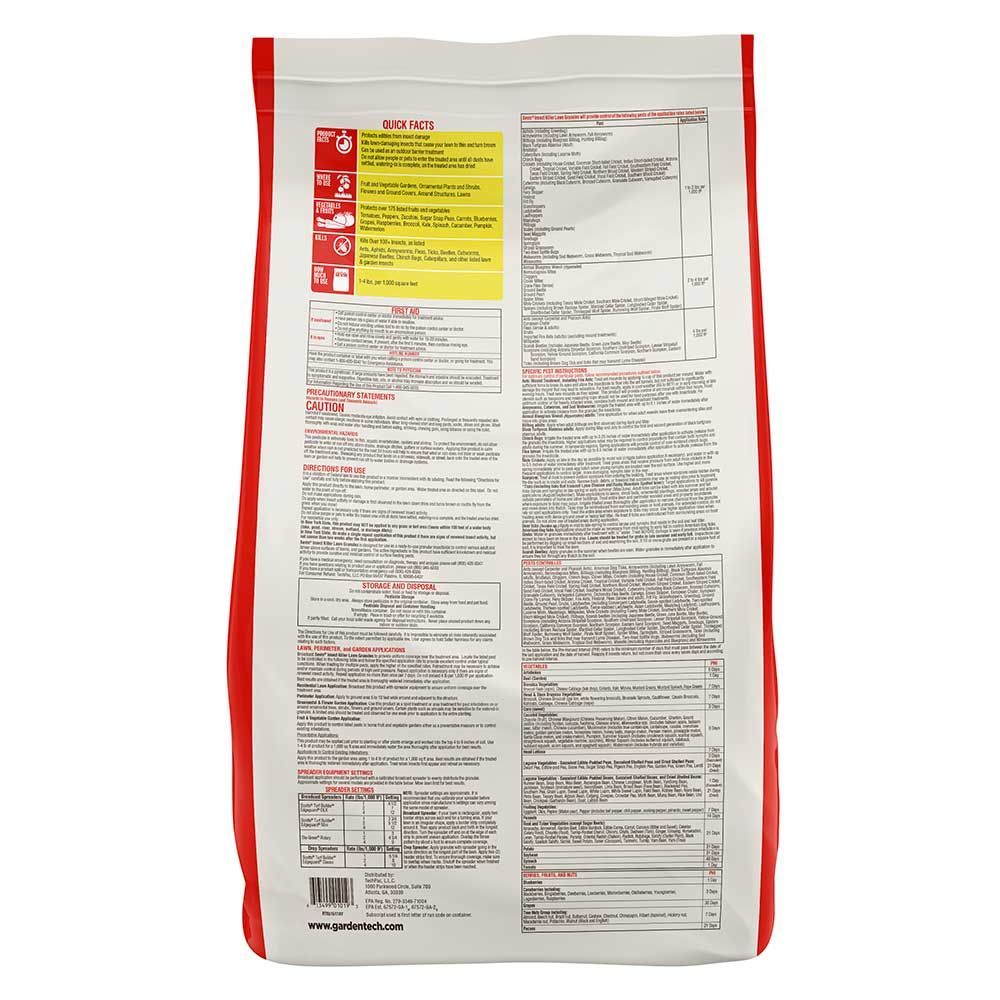 Bag of Garden Tech Sevin Insect Killer with illustrations of garden plants and insects.