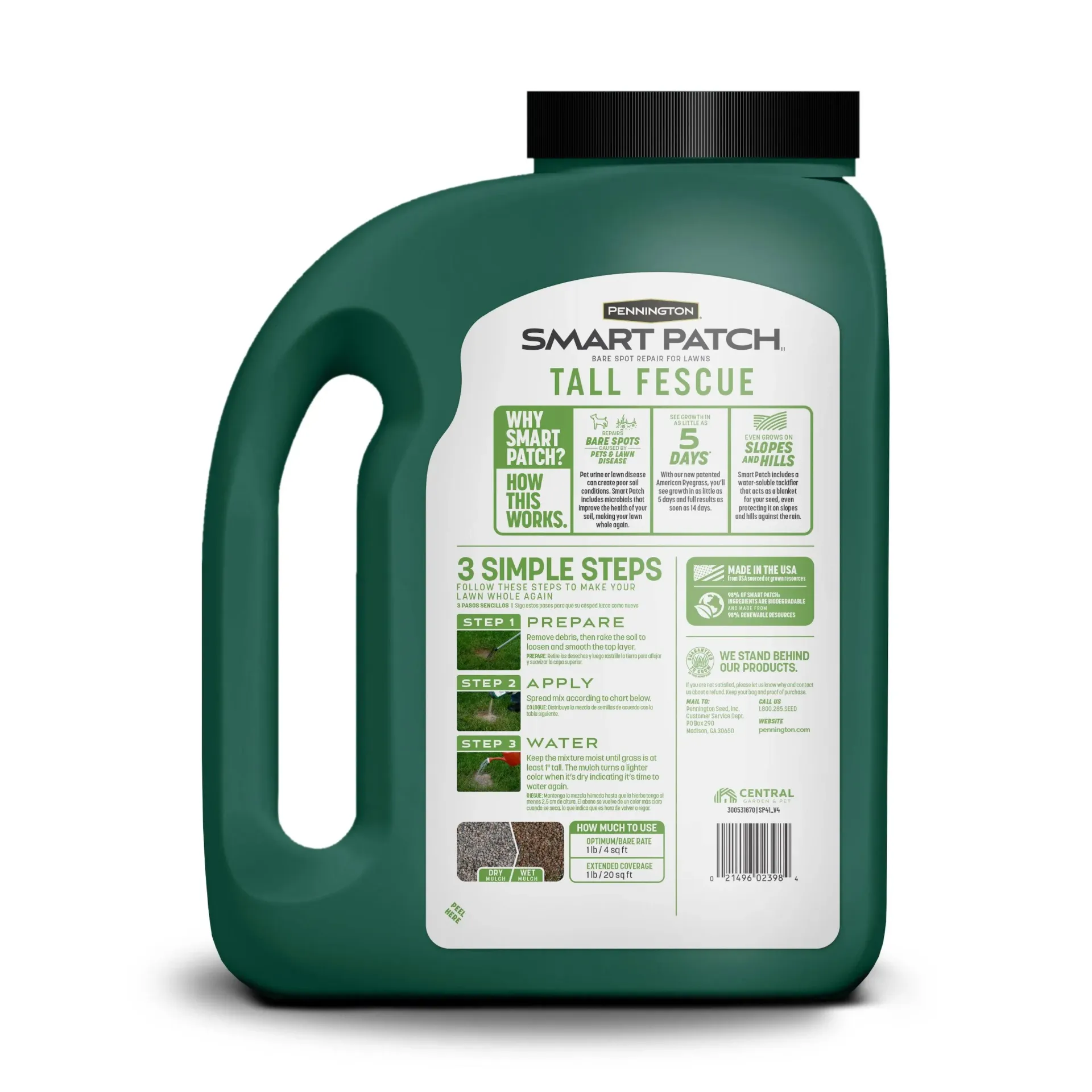 Green jug of Pennington Smart Patch Tall Fescue, a combination mulch seed fertilizer.