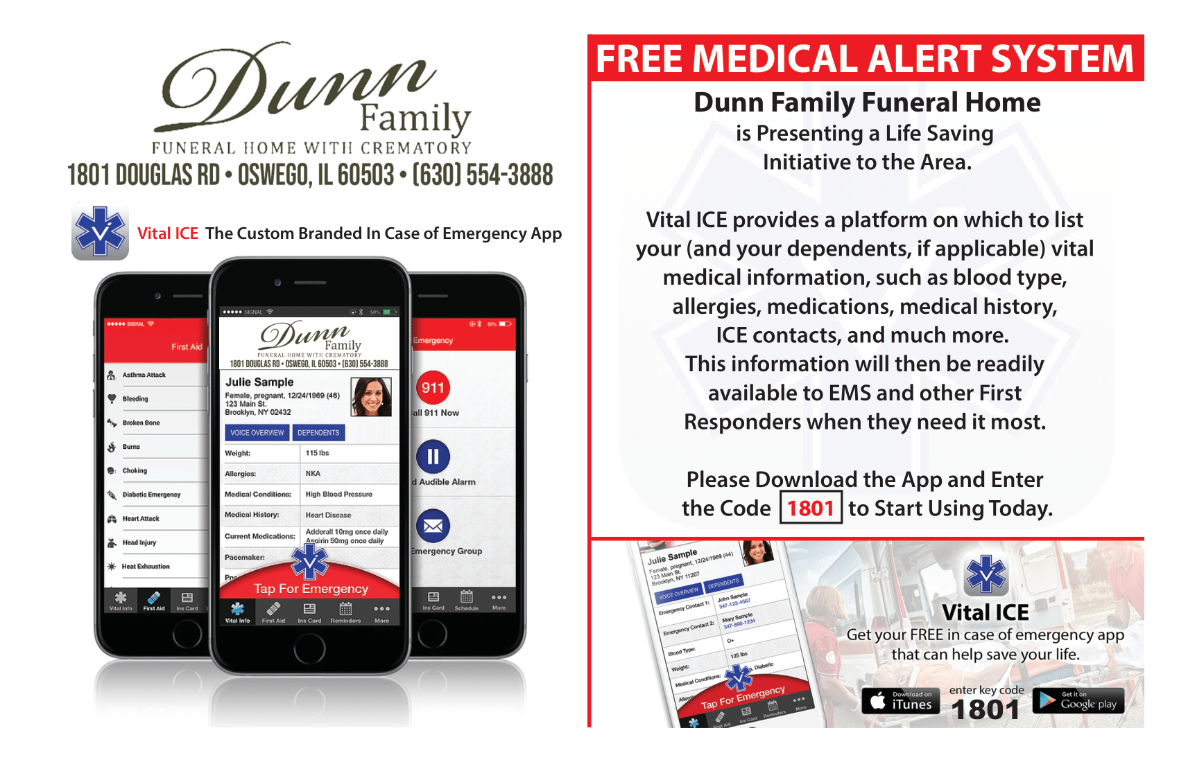 Advertisement for Dunn Family Funeral Home offering a free medical alert system using a mobile app.