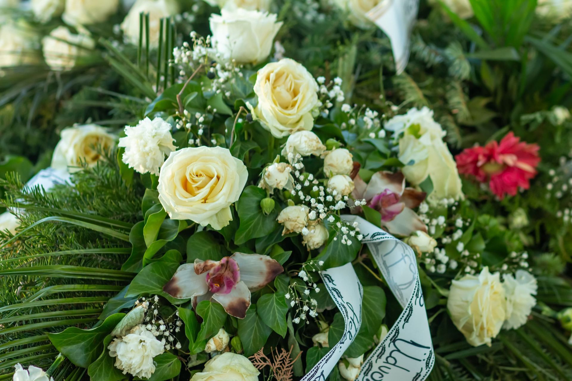 Close-up of a floral arrangement with white roses, greenery, and a ribbon, likely for a memorial.
