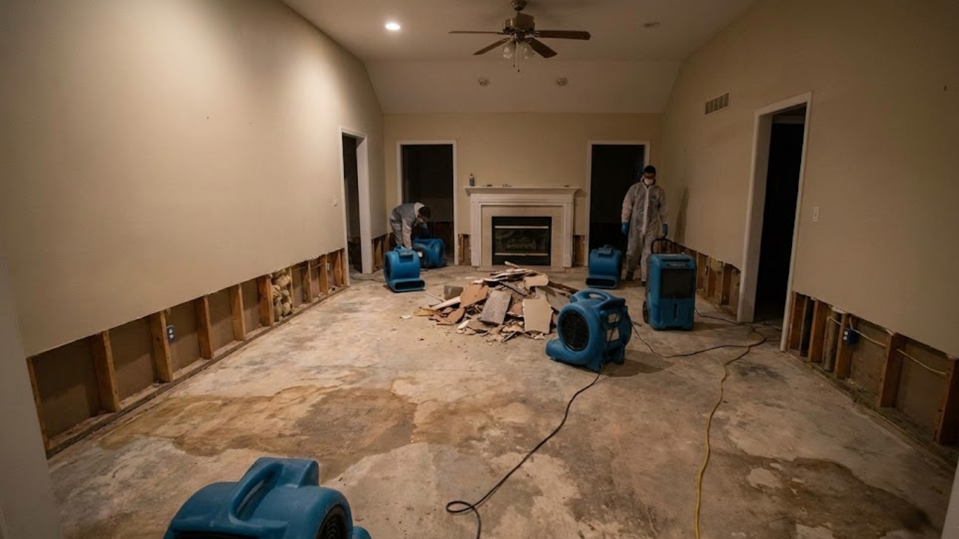 Structural drying Alexandria setup with air movers and Alexandria dehumidification equipment.