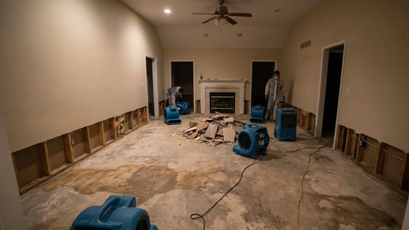 Structural drying Alexandria setup with air movers and Alexandria dehumidification equipment.
