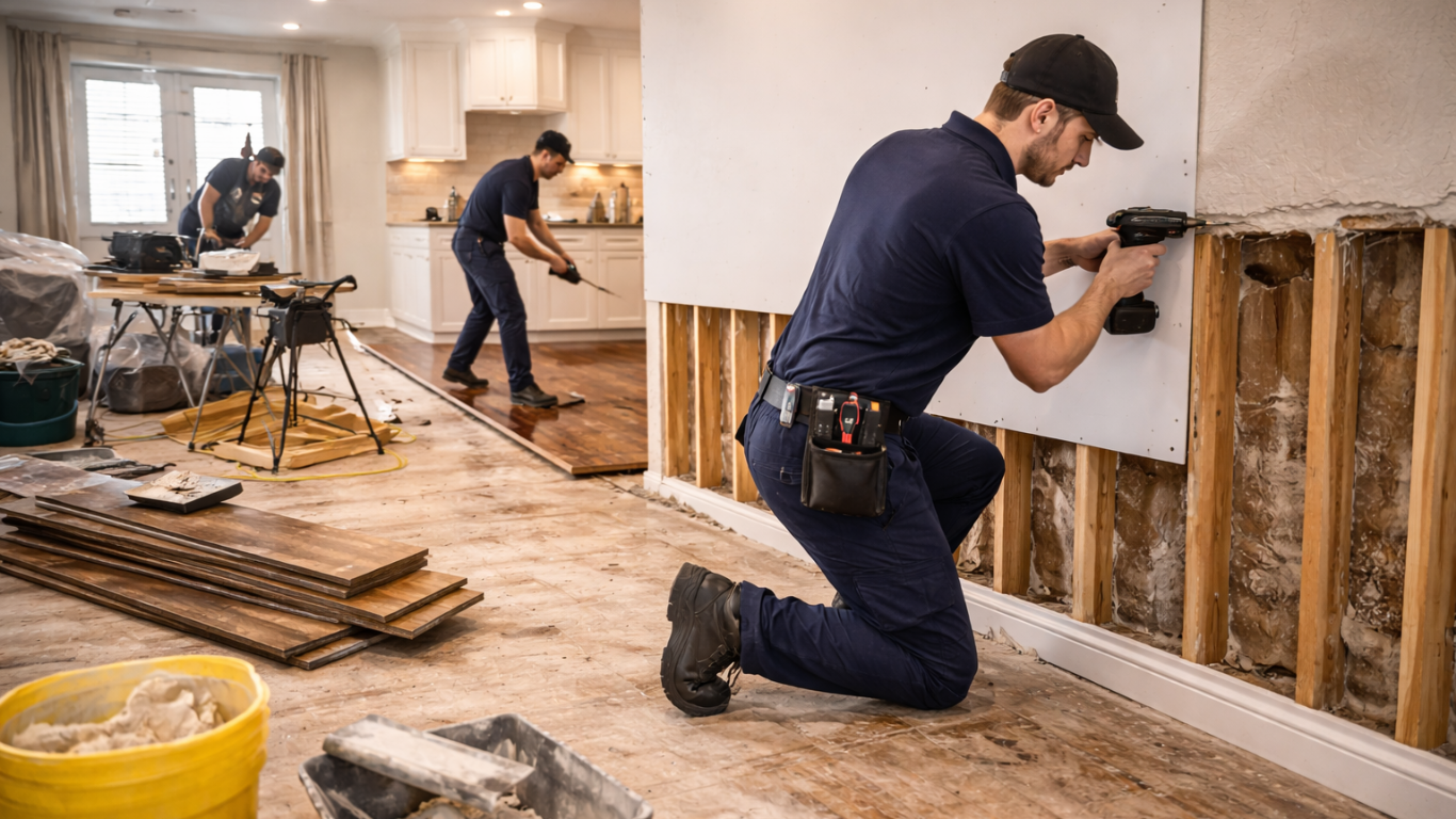 Structural drying Alexandria setup with air movers and Alexandria dehumidification equipment.