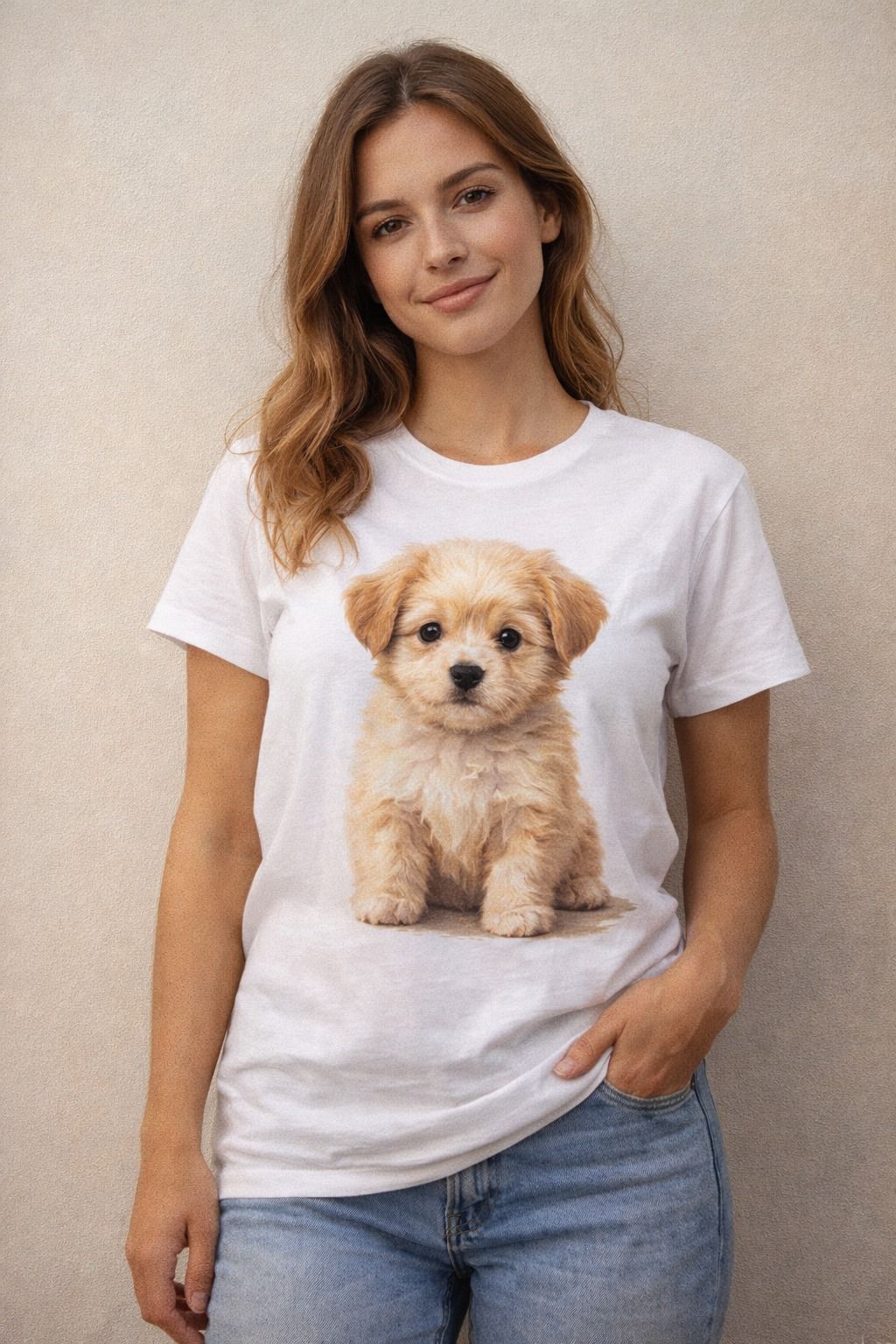 Donna che indossa una maglietta bianca con la stampa di un cucciolo, in piedi davanti a una parete neutra, sorridente.