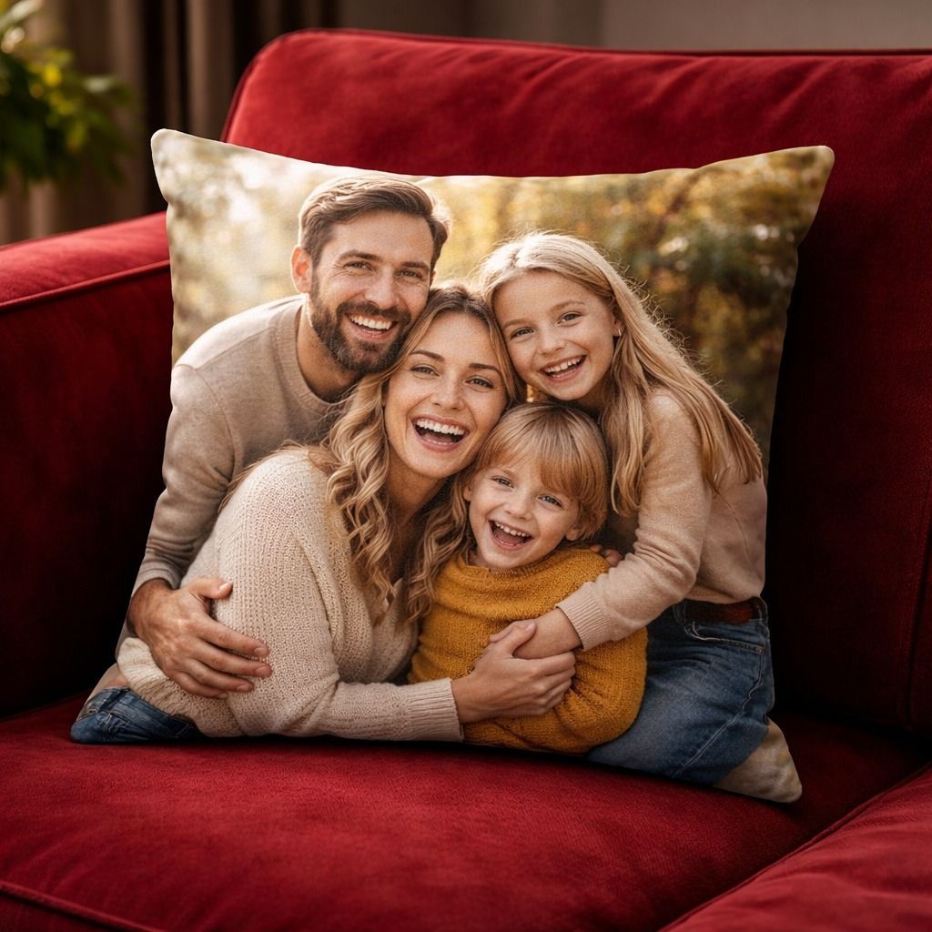 Foto di famiglia su un cuscino. Quattro persone che sorridono e si abbracciano, sedute su un divano rosso.