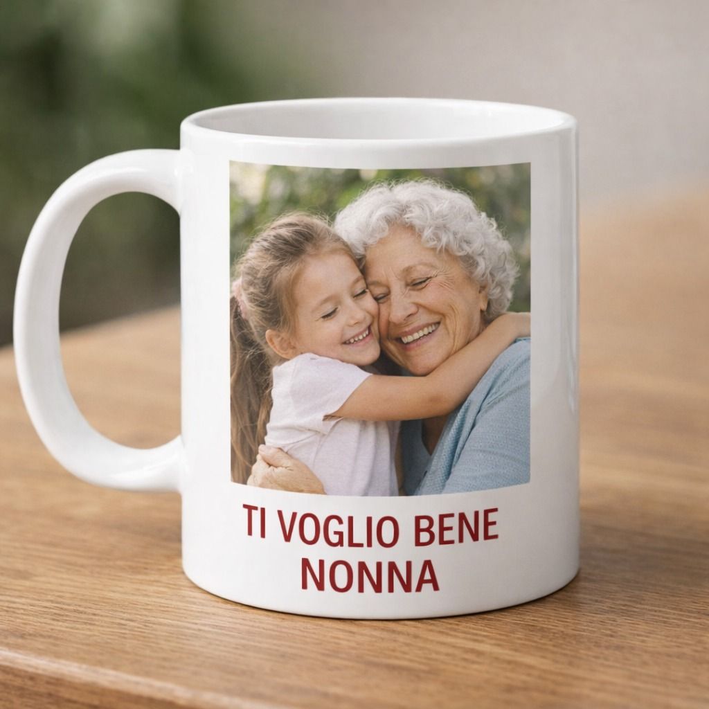 Tazza con la foto di un bambino sorridente che abbraccia una donna anziana; testo in italiano