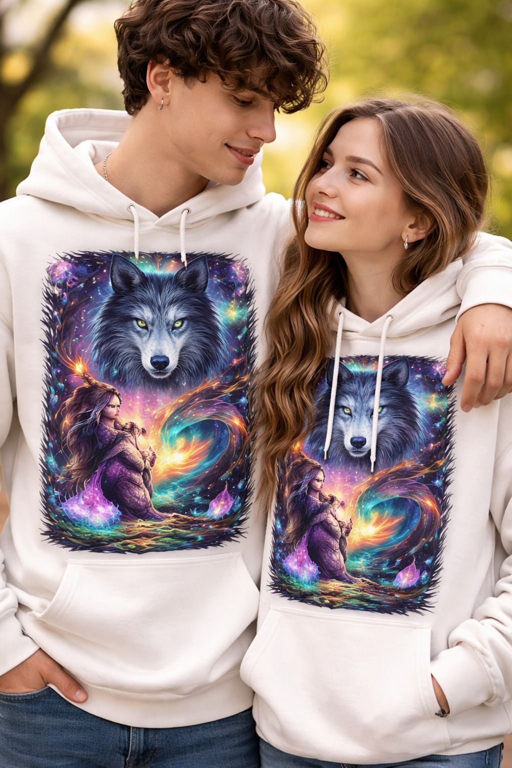 Coppia con felpe abbinate raffiguranti lupi e arte cosmica, sorridenti e abbracciati.