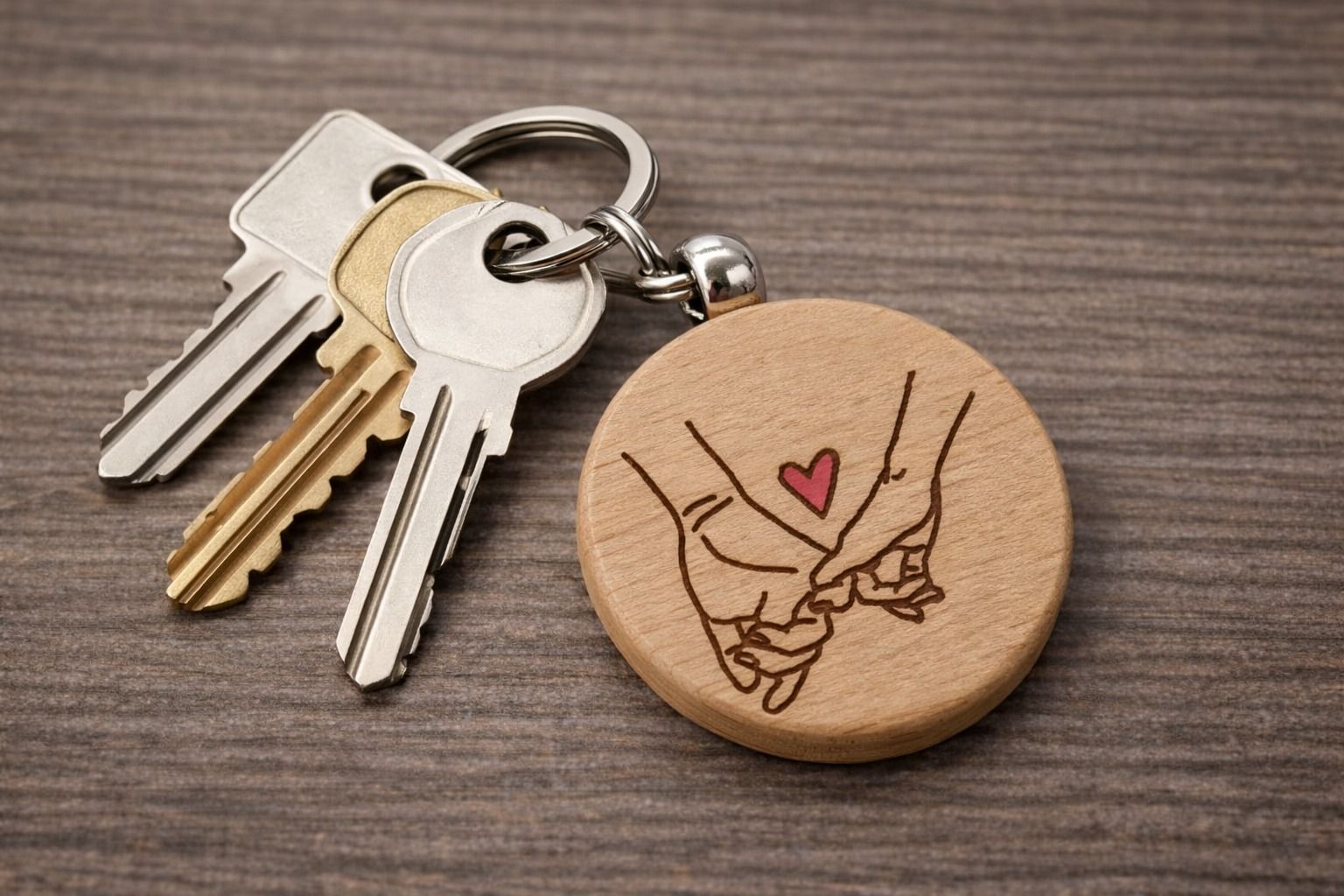 Chiavi con portachiavi in ​​legno raffigurante due mani che tengono un cuore rosa, su una superficie di legno.