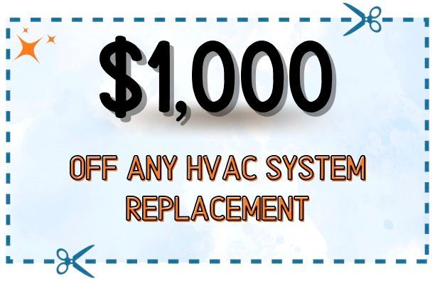 Coupon offering $1,000 off any HVAC system replacement. Includes scissors graphic and spark effect.