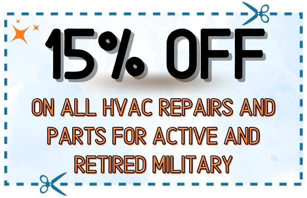 Coupon for 15% off HVAC repairs and parts for active and retired military.