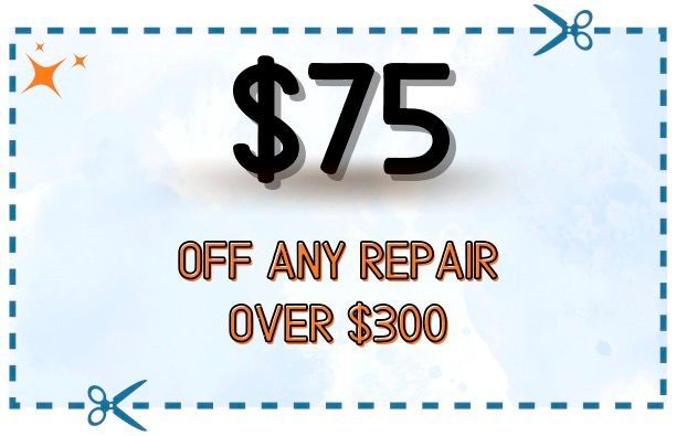 Coupon: $75 off any repair over $300. Blue, white, and orange. Scissor cut lines.