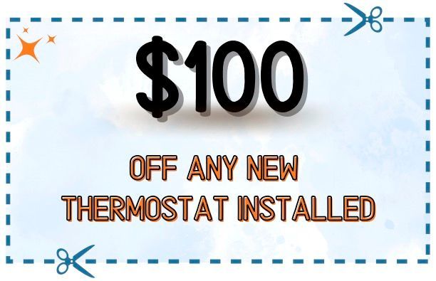 $100 off coupon for any new thermostat installation. Blue border, scissors, and text on a light background.