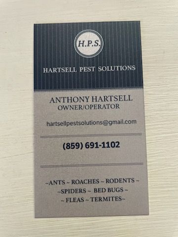 Business card for Hartsell Pest Solutions with contact info and services offered: ants, roaches, rodents, spiders, bed bugs, fleas, termites.