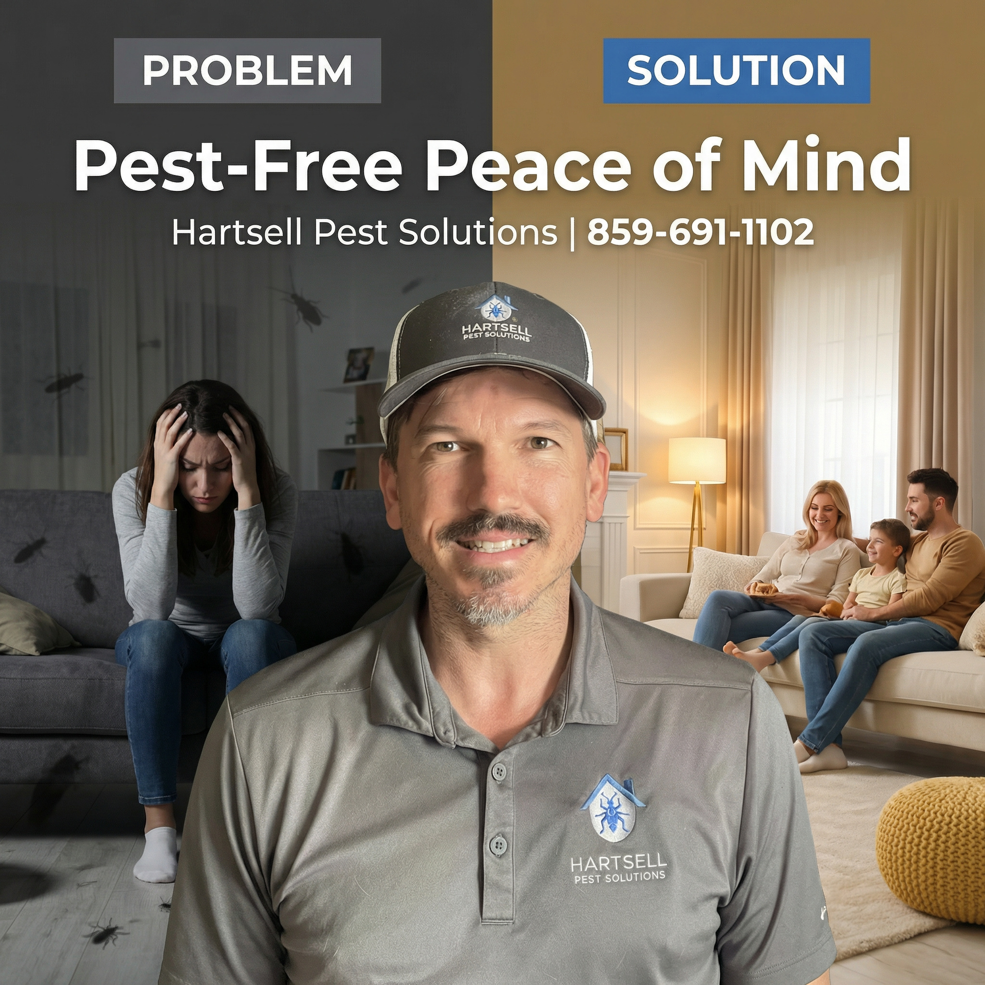 Ad for pest control: A man in a cap stands in front of a contrasting image. Problem side shows a stressed woman; solution side shows a happy family.