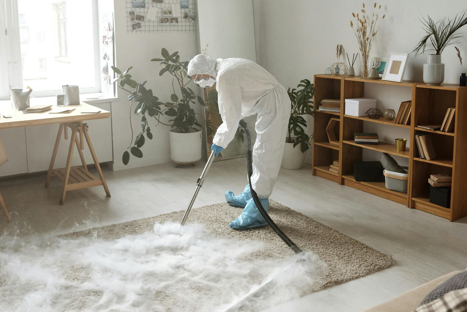 Person in hazmat suit steam cleans carpet in room with plants and wooden shelves.