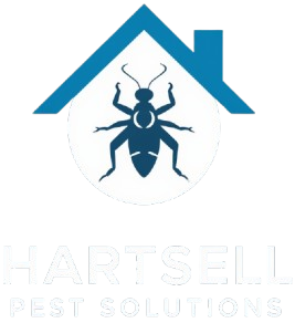 Logo: Blue house outline with a cockroach inside a circle; "HARTSELL PEST SOLUTIONS" below.