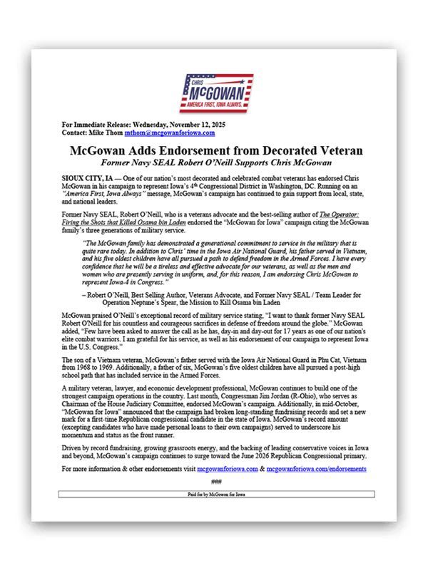 McGowan Adds Endorsement from Decorated Veteran
Former Navy SEAL Robert O’Neill Supports Chris McGowan