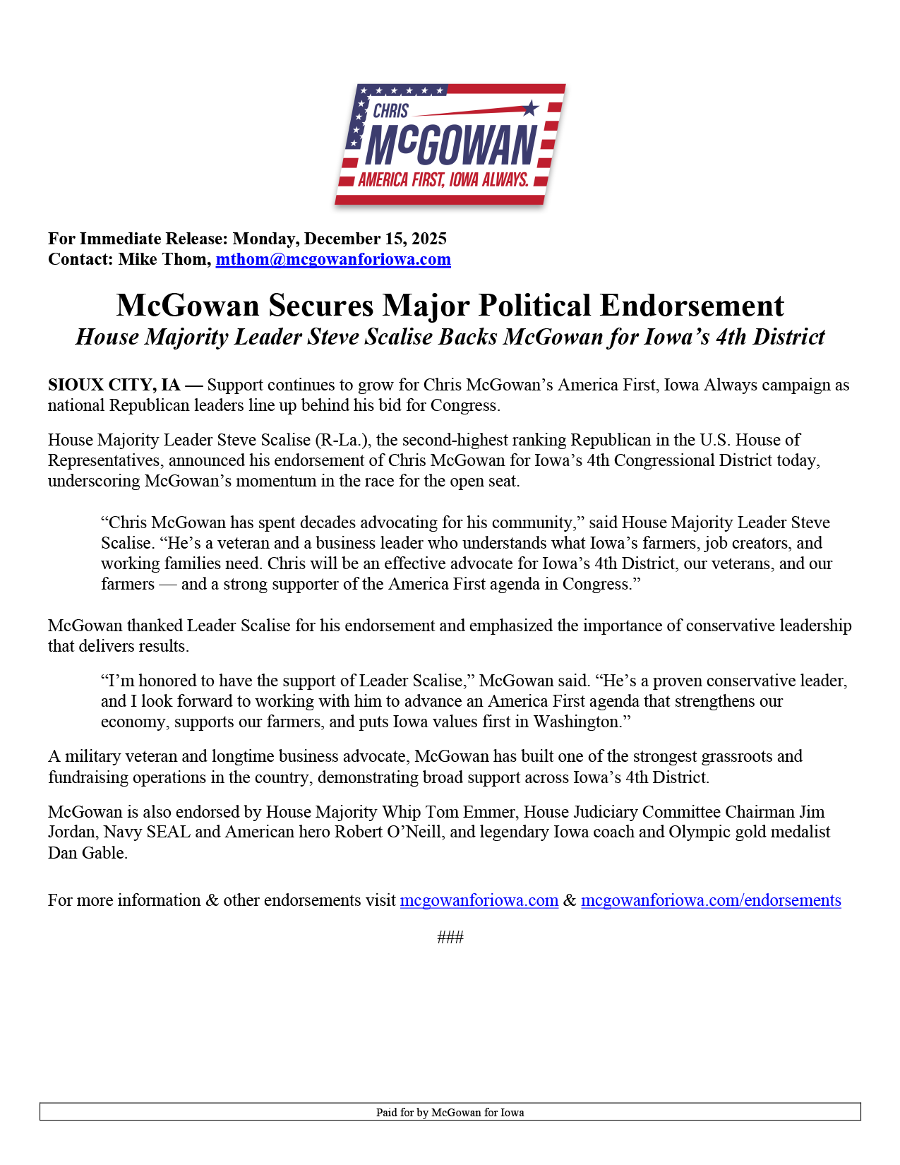 McGowan Secures Major Political Endorsement
House Majority Whip Tom Emmer Backs McGowan for Iowa’s 4th District