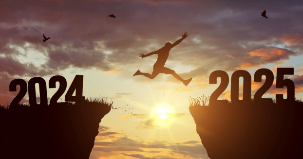 A man is jumping over a cliff between the years 2024 and 2025.