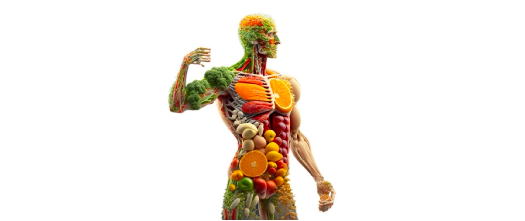 A man made of fruits and vegetables is flexing his muscles.