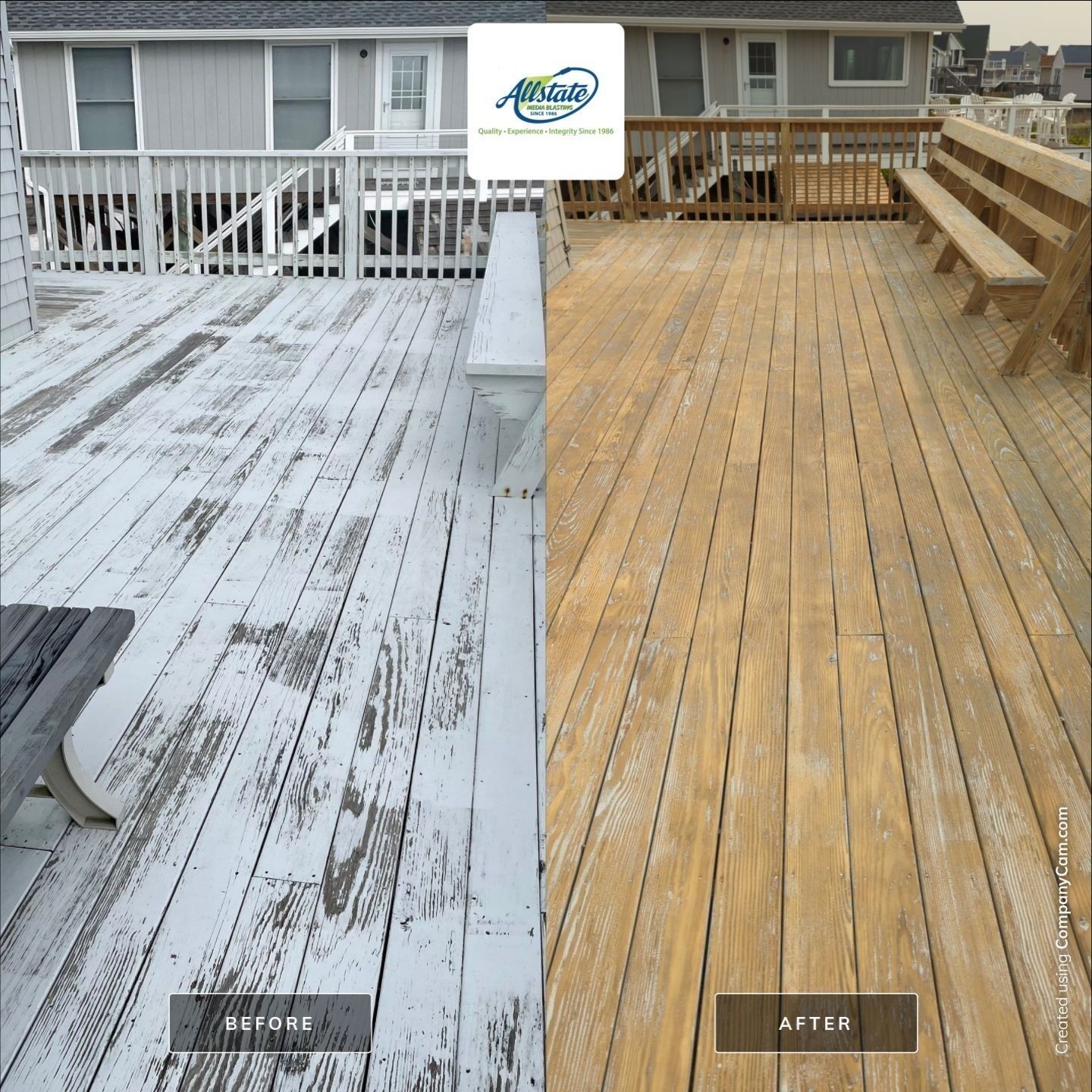 Before and after comparison of a wooden deck; the left side shows peeling white paint, and the right side reveals clean, natural wood.