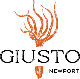Logo for Giusto Newport restaurant: orange seaweed design above the name "GIUSTO," with "NEWPORT" below a small orange illustration.