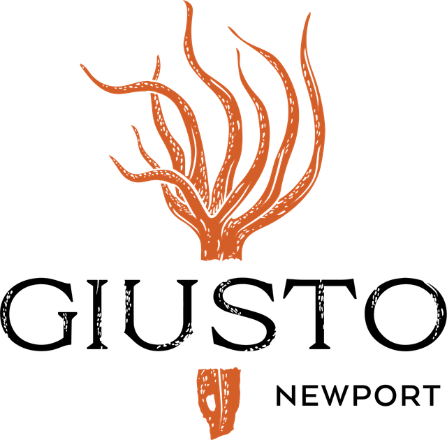 Logo for Giusto Newport restaurant: orange seaweed design above the name "GIUSTO," with "NEWPORT" below a small orange illustration.