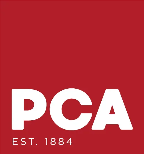 Logo of PCA, white letters on a red background; reads “PCA” and “EST. 1884” underneath.