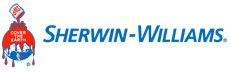 Sherwin-Williams logo featuring a paint can pouring paint over the Earth; the words "SHERWIN-WILLIAMS" in blue.