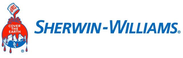Sherwin-Williams logo featuring a paint can pouring paint over the Earth; the words "SHERWIN-WILLIAMS" in blue.
