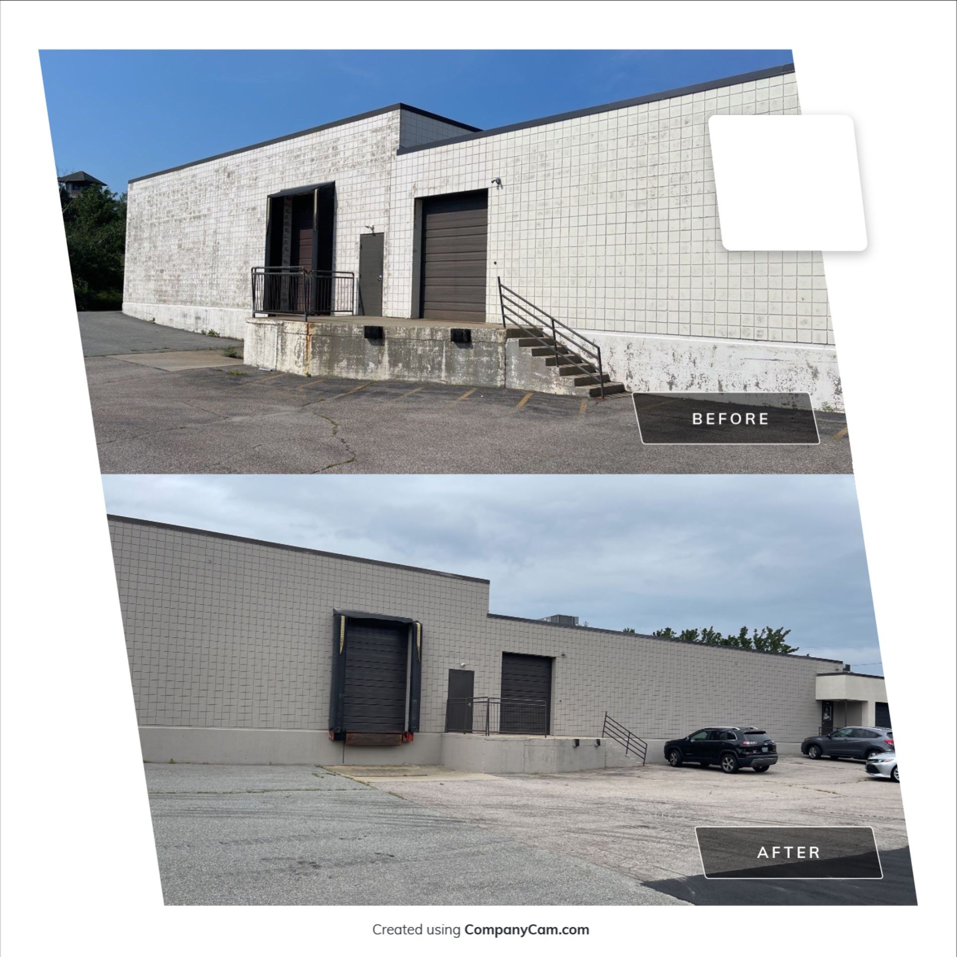 Before and after photos of a white brick building. The 'before' photo shows the building in disrepair, while the 'after' photo shows the building freshly painted.