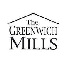 Black and white logo for "The Greenwich Mills" with text under a simple roof outline.