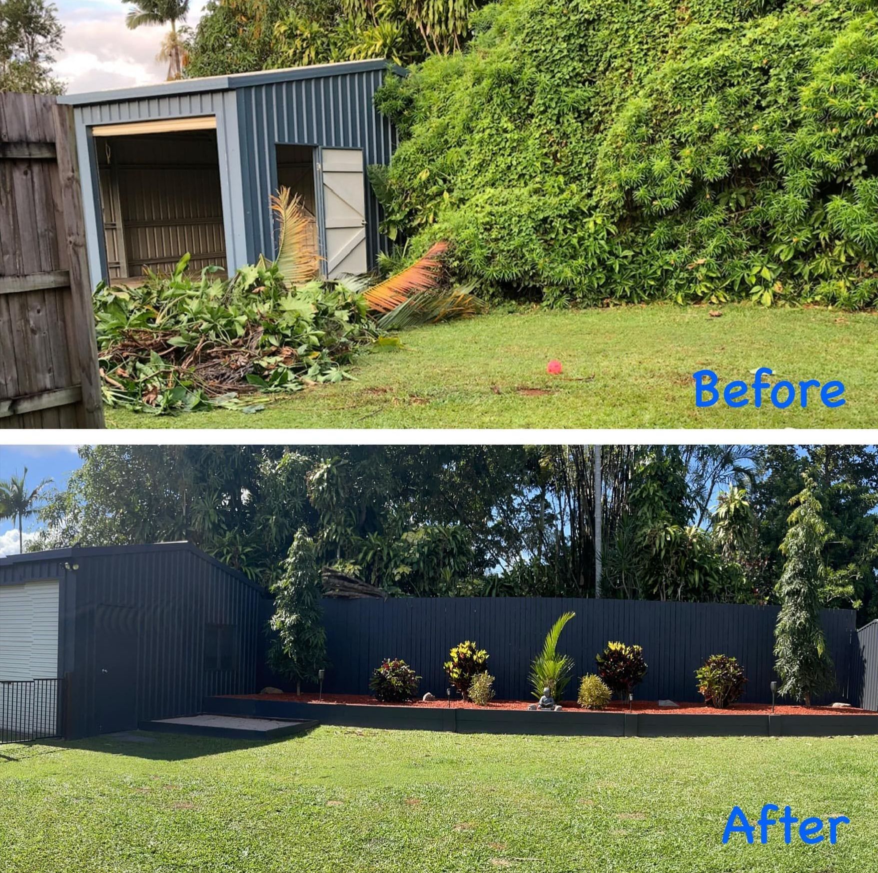 Two Images Of A Garden One With A Lot Of Mess And Outgrown Trees And The Other With A Clean Garden And No Mess— Mow & Mulch Lawn & Garden Maintenance In White Rock, QLD