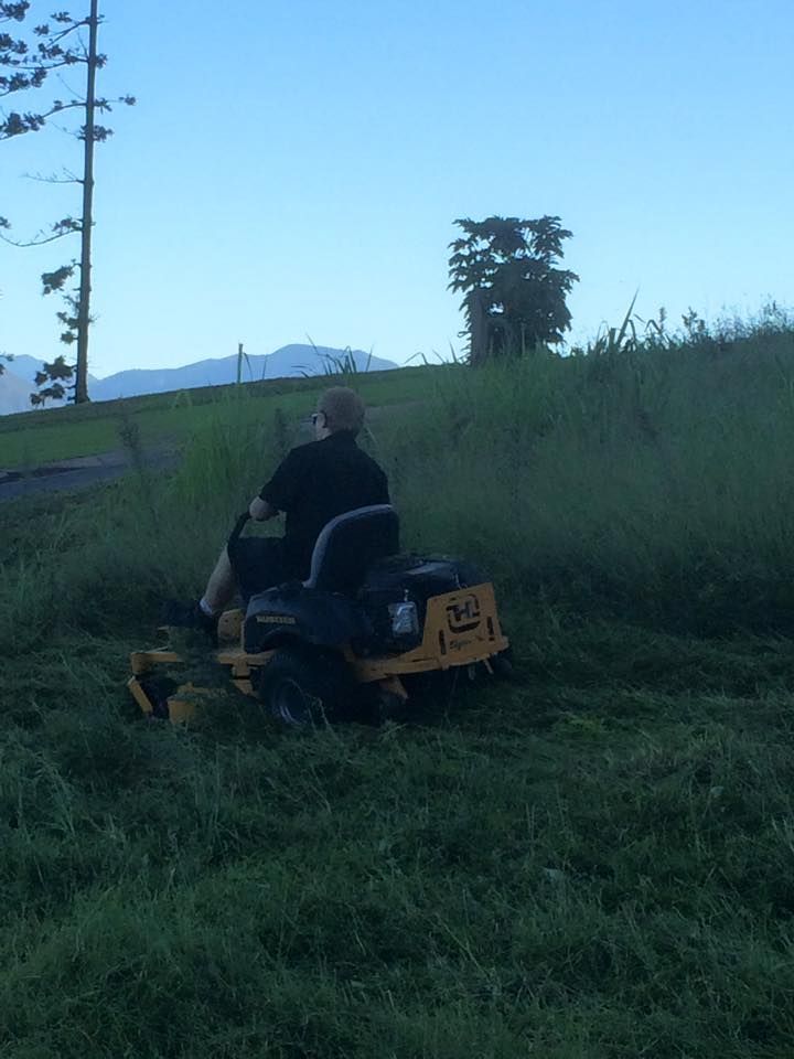 Person on a Yellow Zero-turn Mower Cutting Tall Grass on a Grassy Hillside — Mow & Mulch Lawn & Garden Maintenance In White Rock, QLD