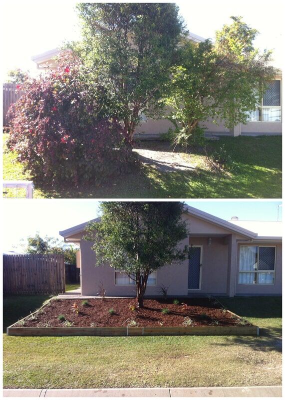 Before-and-after of a House's Front Yard, Showing the Overgrown Bushes Trimmed and Replaced by a Landscaped Garden — Mow & Mulch Lawn & Garden Maintenance In White Rock, QLD